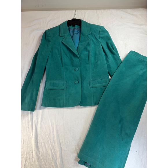 Vintage Dresses & Skirts - Vintage Teal Faux Suede Skirt Suit Set Blazer & Midi Skirt Green 2 Piece